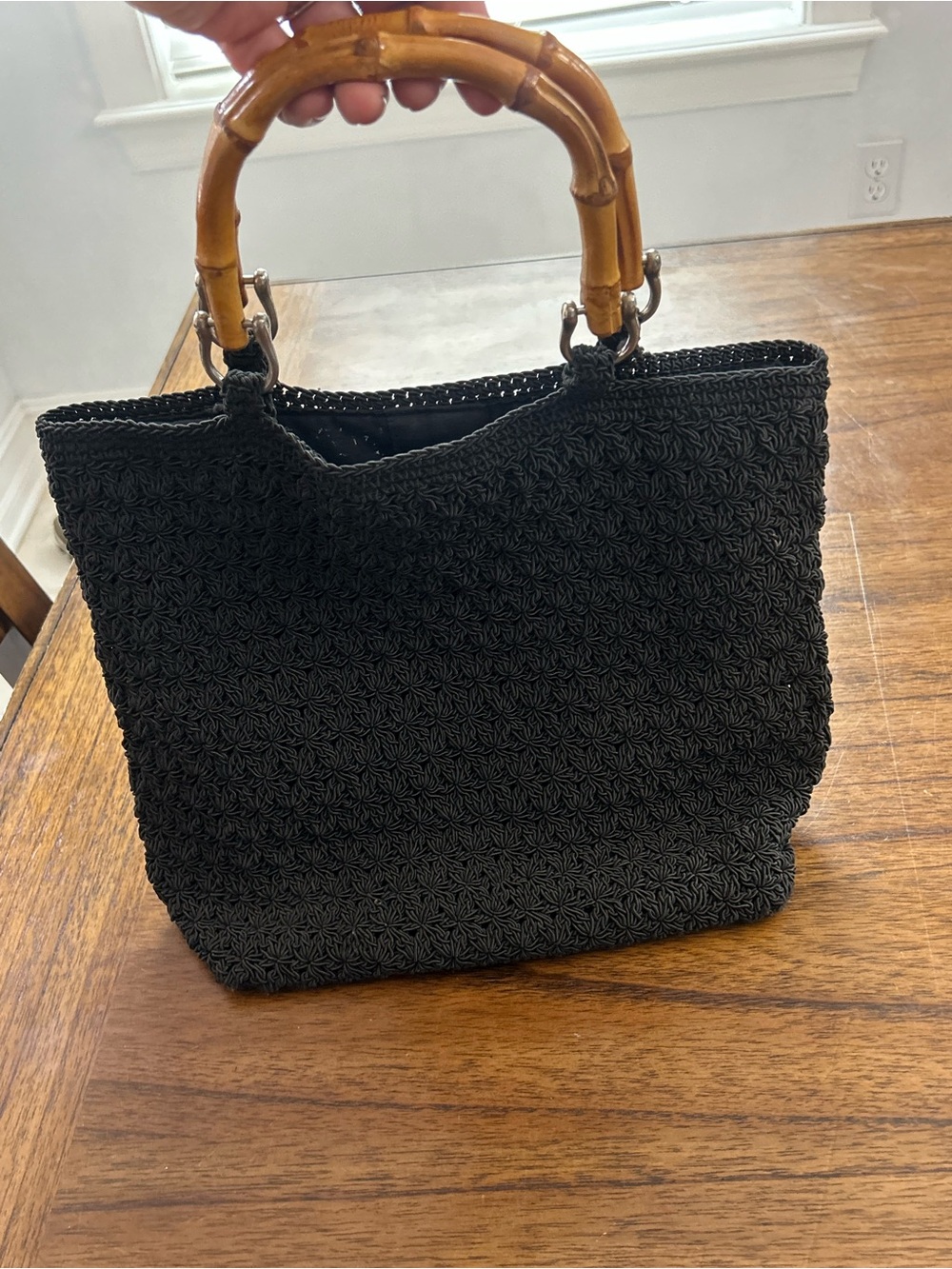 The Limited Black Woven Straw Crochet Tote Bag Natural Bamboo Handles